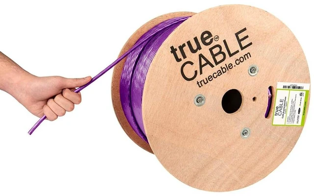 Main image of TRUE CABLE Cat6A Riser (CMR), Bulk Ethernet Cable, 1000ft, Purple, 23AWG Solid Bare Copper, Unshielded Twisted Pair (U/UTP), 750MHz, PoE++ 100W, ETL Listed