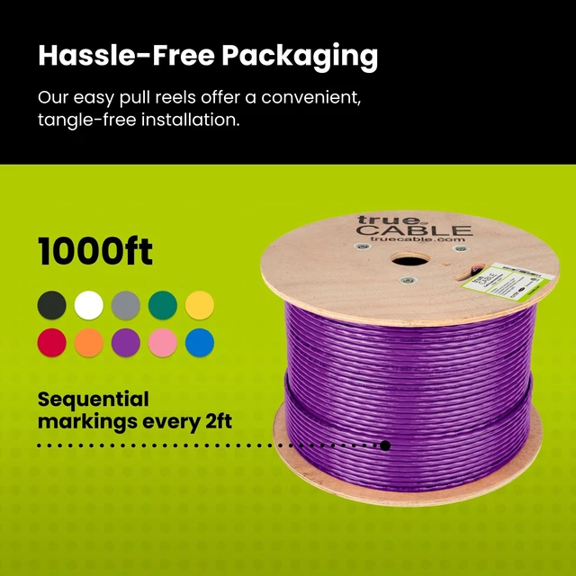 Alt view image 5 of 5 - TRUE CABLE Cat6A Riser (CMR), Bulk Ethernet Cable, 1000ft, Purple, 23AWG Solid Bare Copper, Unshielded Twisted Pair (U/UTP), 750MHz, PoE++ 100W, ETL Listed