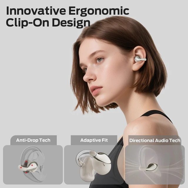 Alt view image 2 of 5 - Oraolo Open Ear AC225 Earbuds, Stereo Sound, Bluetooth 6.0 Open Ear Headphones, Lightweight Comfort Clip On Earbuds with ENC Mic for Clear Calls, 36H Playtime, Touch Control, IPX6 Waterproof, White