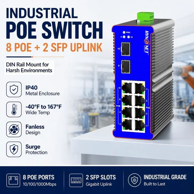Alt view image 3 of 5 - Industrial 8 Port Gigabit PoE+ Switch with 2 Gigabit SFP Uplink