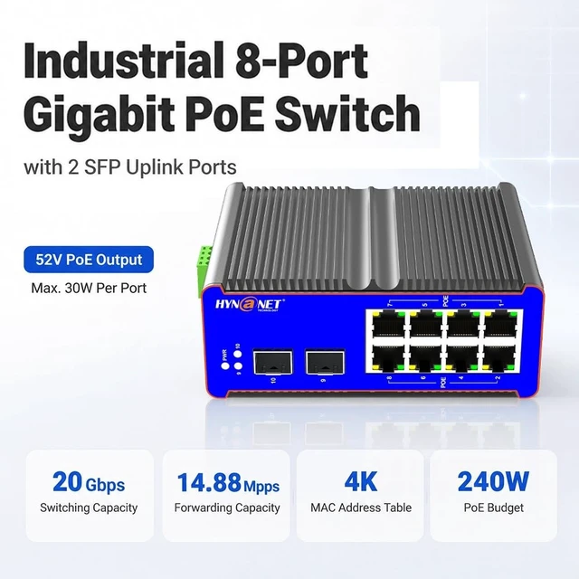 Alt view image 5 of 5 - Industrial 8 Port Gigabit PoE+ Switch with 2 Gigabit SFP Uplink