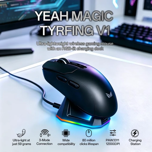 Alt view image 2 of 5 - yeah magic Tyrfing V1 Tri-Mode Wireless Gaming Mouse Black