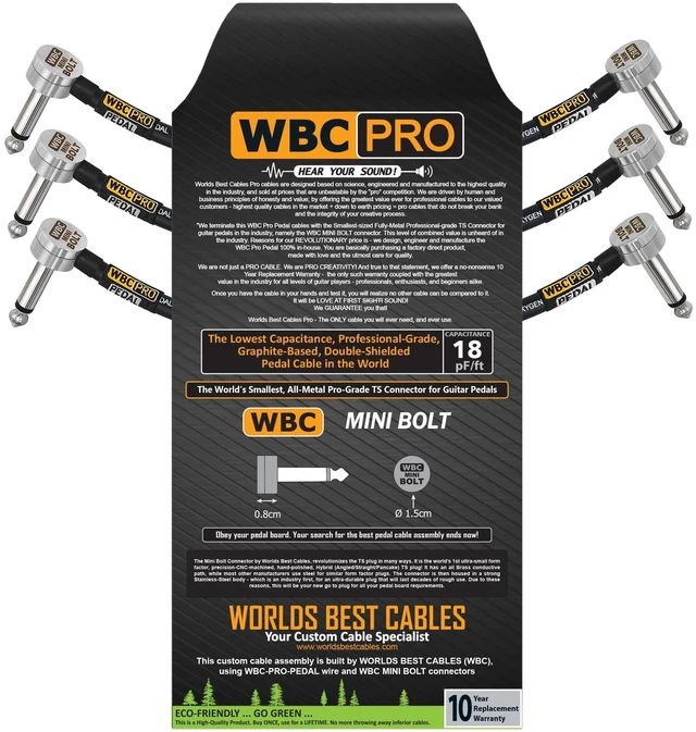 Main image of 3 Units - 5 Inch - WBC-PRO-PEDAL 22 AWG - Low-Cap (18pF/ft) Pro-Grade Graphite-based - Dual-Shielded Pedal, Effects, Patch, instrument cable with WBC MINI BOLT Ultra-Small Angled TS Plugs