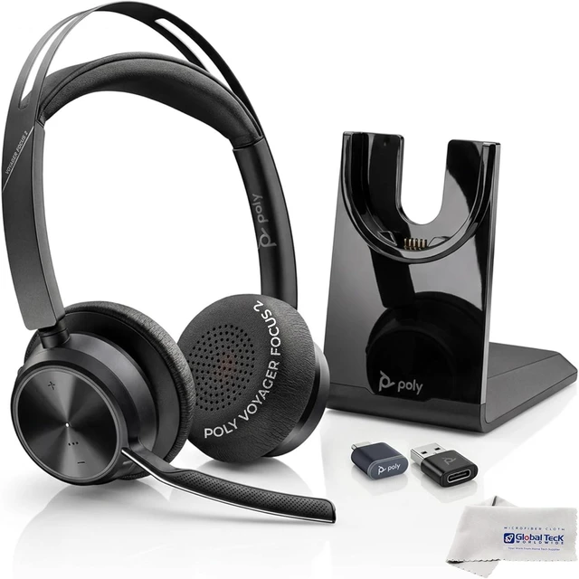 Main image of Plantronics Poly Voyager Focus 2 UC Bluetooth Headset with Charging Stand, USB-C/A Adapters, Connects to Teams, Zoom and Phone Calls on Laptops PC/Mac and Cellphones, Enhances Audio, GTW Cloth