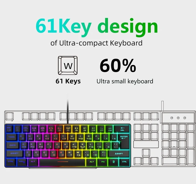 Alt view image 2 of 5 - Wisoqu Russian Mechanical Gaming Keyboard, 61 Key Compact Keyboard, RGB Backlit, High Responsiveness, Anti Ghosting, USB Wired, Russian and English (White)