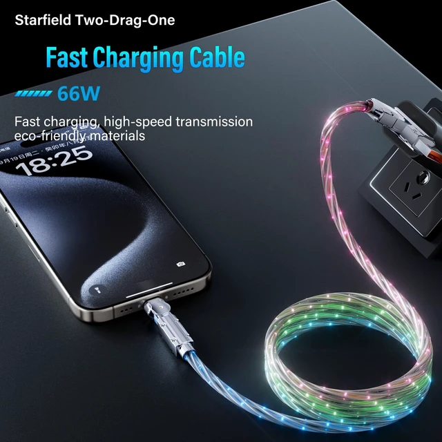 Alt view image 3 of 5 - LED Light Up USB C Charging Cable 2Pack 6.6ft Rotating USB C to USB C Cable