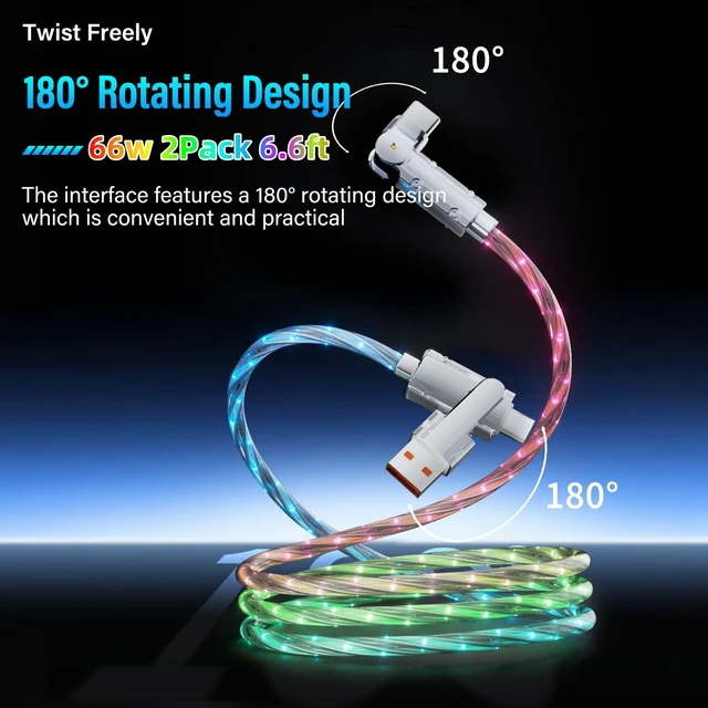 Alt view image 2 of 5 - LED Light Up USB C Charging Cable 2Pack 6.6ft Rotating USB C to USB C Cable