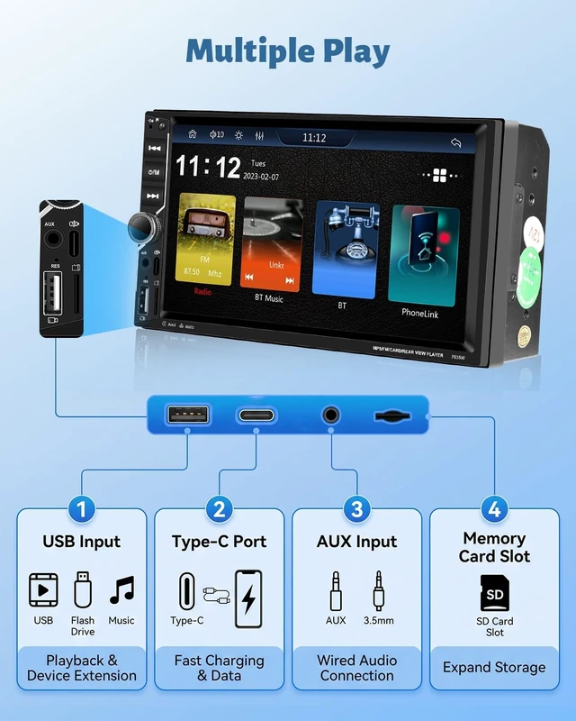 Alt view image 5 of 5 - 7 Inch Double Din Car Stereo with Wireless Apple CarPlay and Android Auto