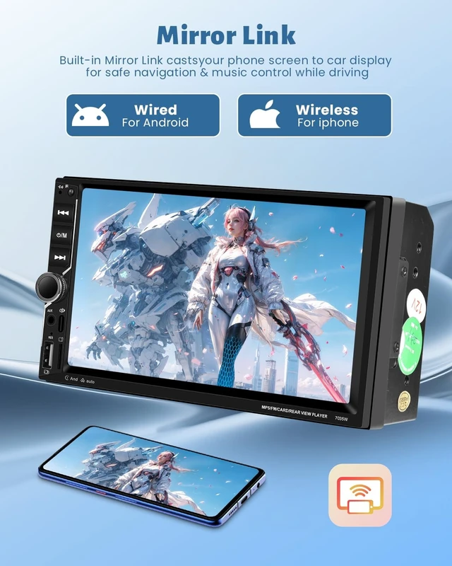 Alt view image 3 of 5 - 7 Inch Double Din Car Stereo with Wireless Apple CarPlay and Android Auto