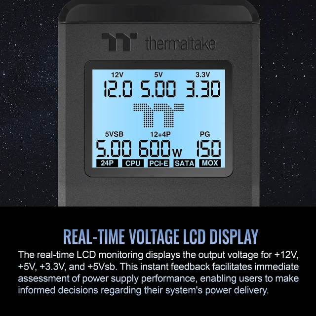 Alt view image 4 of 5 - Thermaltake Dr. Power III Pro; ATX Power Supply Tester; Voltage/Continuity/PG; up to ATX12V v3.1 spec; 24pin Main Board/12V-2X6/ 4+4 EPS/6+2 PCIe/SATA/Molex; Color Display; Black; AC-083-OO1