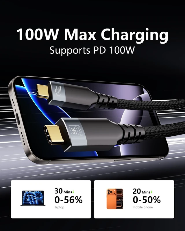 Alt view image 4 of 5 - UPPDEFFST USBC Cable Compatible with Thunderbolt 3, USB 3.2 Gen 2,1.5M,5FT TypeC Cord 20Gbps High-Speed Transfer,100W Fast Charging,8K@30Hz & 4K@120Hz Video for Laptop,Hub, Docking Station and SSD