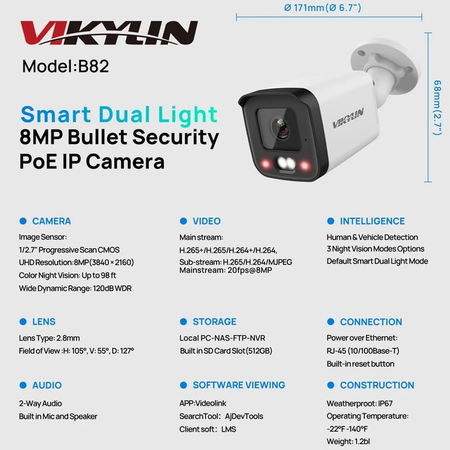 Alt view image 2 of 5 - VIKYLIN 4K 8MP PoE IP Bullet Camera Outdoor Smart Dual Light,NDAA Complaint