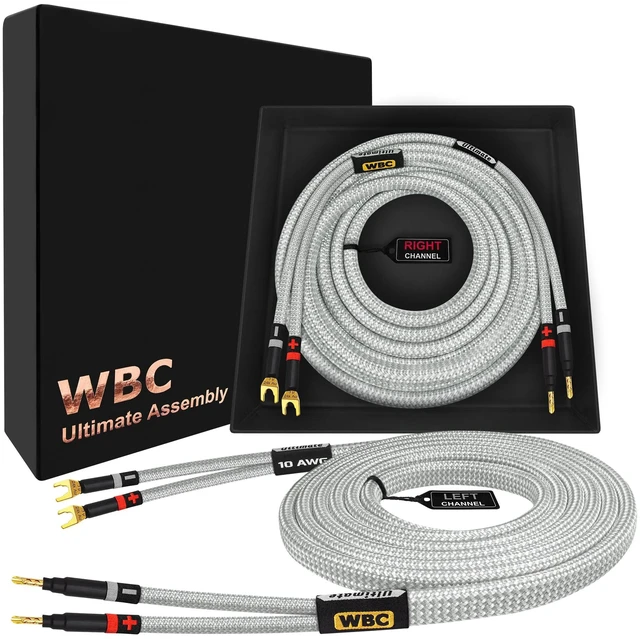 Main image of WORLDS BEST CABLES 15 Foot Ultimate - 10 AWG - Ultra-Pure OFC - Premium Audiophile HiFi Speaker Cable Pair with Eminence Gold Banana (x2) & Spade (x2) Plugs & Silver Tweed Jacket