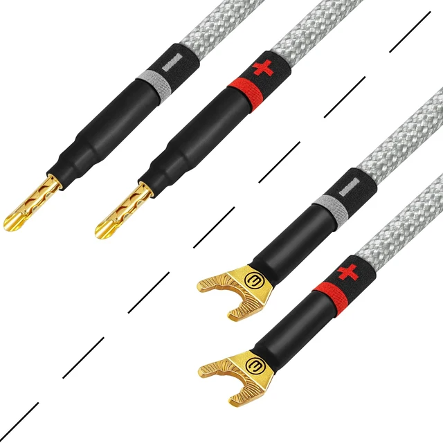 Alt view image 4 of 5 - WORLDS BEST CABLES 15 Foot Ultimate - 10 AWG - Ultra-Pure OFC - Premium Audiophile HiFi Speaker Cable Pair with Eminence Gold Banana (x2) & Spade (x2) Plugs & Silver Tweed Jacket