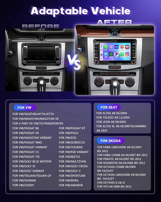 Alt view image 3 of 5 - 7" Double Din Car Stereo for VW Golf Passat Jetta Seat Tiguan EOS Touran