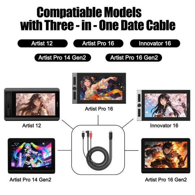 Alt view image 2 of 5 - Spaseeba 3 in 1 Cable Suitable for xppen Artist 12, Artist 10/12/13/16 2nd, Artist Pro 14(Gen2)/16(Gen2), Artist Pro 16, Innovator 16, for Drawing Tablet Pen Display