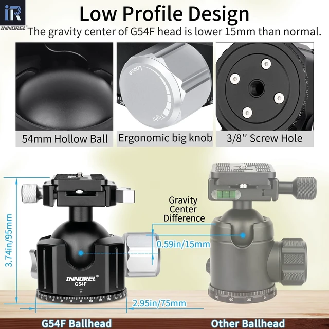 Alt view image 3 of 5 - INNOREL G54F Quick Lever Low Profile 54mm Tripod Ball Head, 360 Panoramic CNC Metal Camera Tripod Ballhead with Arca-Swiss Release Plate for Tripod DSLR Camcorder Telescope, Load 66lb/30kg