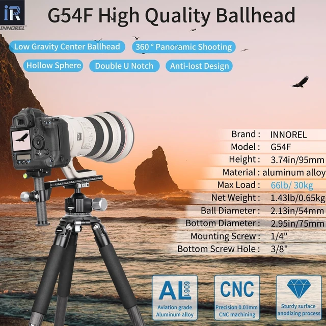 Alt view image 2 of 5 - INNOREL G54F Quick Lever Low Profile 54mm Tripod Ball Head, 360 Panoramic CNC Metal Camera Tripod Ballhead with Arca-Swiss Release Plate for Tripod DSLR Camcorder Telescope, Load 66lb/30kg