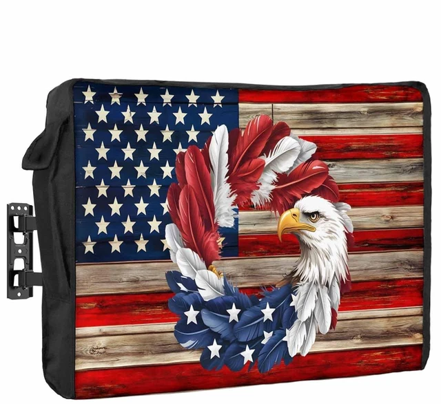 Main image of DecorLovee Vintage American Flag Outdoor TV Cover 52 to 55 Inches Weatherproof & Waterproof, Eagle Wreath Outdoor TV Enclosure with Remote Control Pocket, Blue Red USA Flag TV Screen Protectors for TV