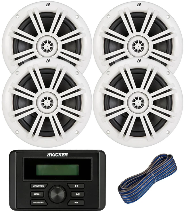 Main image of Kicker Weather-Resistant Marine Bluetooth USB AM/FM Stereo Receiver Bundle Combo with 2 Pair (Qty 4) of 6.5" 2-Way 150W Max Power Coaxial White Marine Audio Speakers, 50-Feet 16-Gauge