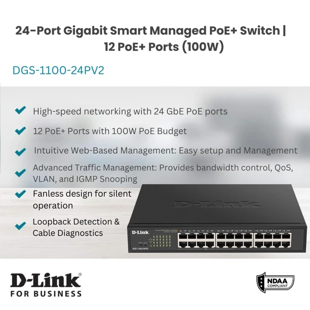 Alt view image 2 of 5 - D-Link 24-Port Gigabit Smart Managed PoE+ Switch ^^ 12 PoE+ Ports (100W) ^^L2^^VLANs^^Cable Diagnostics ^^ Web Managed ^^ Desktop or Rackmount ^^ Fanless ^^ NDAA Compliant ^^ Lifetime Warranty (DGS-11