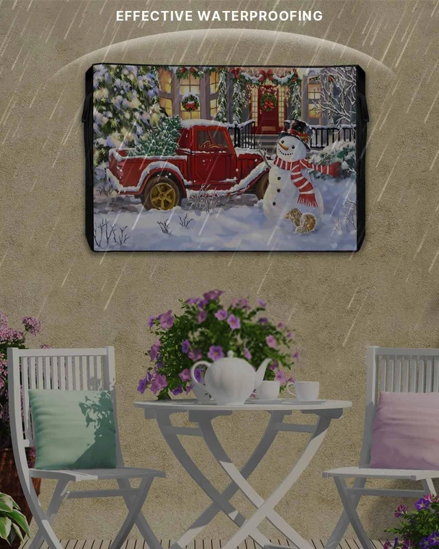 Alt view image 4 of 5 - DOME-SPACE Christmas Truck Snowman Outdoor TV Cover for Outside Flat Screen Televisions, Winter Snowy Village Lights Weatherproof TV Screen Protector with Zipper for 70 to 75 Inch Screens