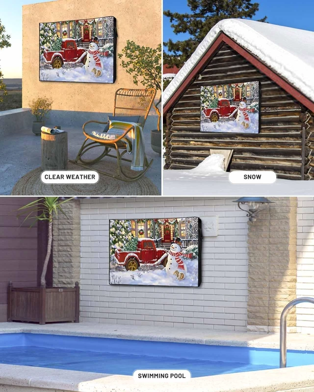 Alt view image 5 of 5 - DOME-SPACE Christmas Truck Snowman Outdoor TV Cover for Outside Flat Screen Televisions, Winter Snowy Village Lights Weatherproof TV Screen Protector with Zipper for 70 to 75 Inch Screens