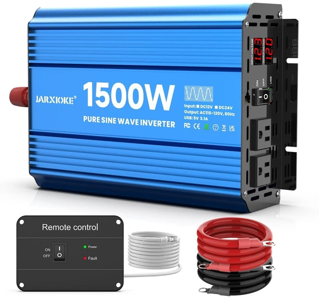 Main image of JARXIOKE 1500 Watt Pure Sine Wave Power Inverter, 12 Vdc to 110 Vdc to 120 Vdc, for Home, RV and Off-Grid Solar Systems, with 2 AC Outlets and USB Port, LCD Display, with Remote Control