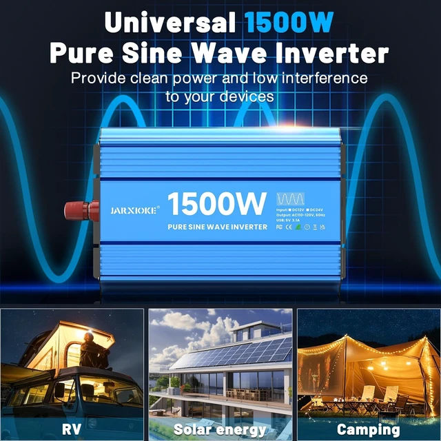 Alt view image 2 of 5 - JARXIOKE 1500 Watt Pure Sine Wave Power Inverter, 12 Vdc to 110 Vdc to 120 Vdc, for Home, RV and Off-Grid Solar Systems, with 2 AC Outlets and USB Port, LCD Display, with Remote Control