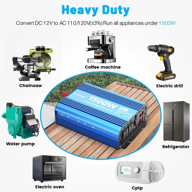 Alt view image 4 of 5 - JARXIOKE 1500 Watt Pure Sine Wave Power Inverter, 12 Vdc to 110 Vdc to 120 Vdc, for Home, RV and Off-Grid Solar Systems, with 2 AC Outlets and USB Port, LCD Display, with Remote Control