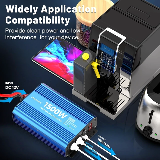 Alt view image 3 of 5 - JARXIOKE 1500 Watt Pure Sine Wave Power Inverter, 12 Vdc to 110 Vdc to 120 Vdc, for Home, RV and Off-Grid Solar Systems, with 2 AC Outlets and USB Port, LCD Display, with Remote Control