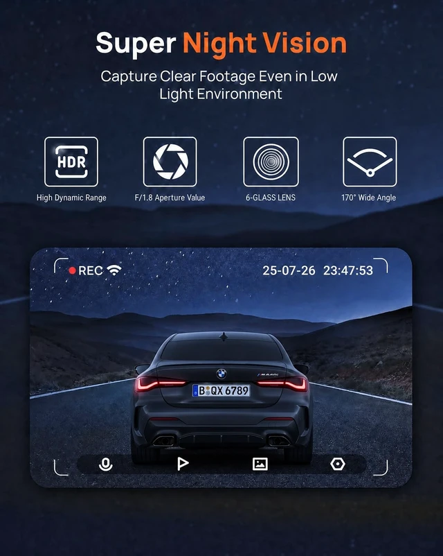 Alt view image 5 of 5 - 2K Front Dash Cam with APP, 1.47'' IPS Dash Camera for Cars