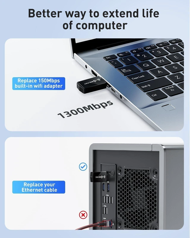 Alt view image 5 of 5 - AXOYOXA AC1300 USB WiFi Adapter for Desktop PC & Laptop ^^ Dual Band 2.4G/5G USB 3.0 Wireless Network Dongle with High-Gain Antenna ^^Win 11/10/7^^Fast Gaming & Streaming^^ Plug-and-Play (Black