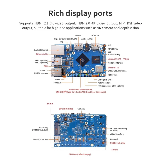 Alt view image 2 of 5 - Orange Pi 5 Pro 16GB LPDDR5 RK3588S 8 Core 64 Bit Single Board Computer, 8K Video Decoding 2.4GHz Frequency WiFi Bluetooth Open Source Board Run Orange Pi OS, Android, Debian, Ubuntu