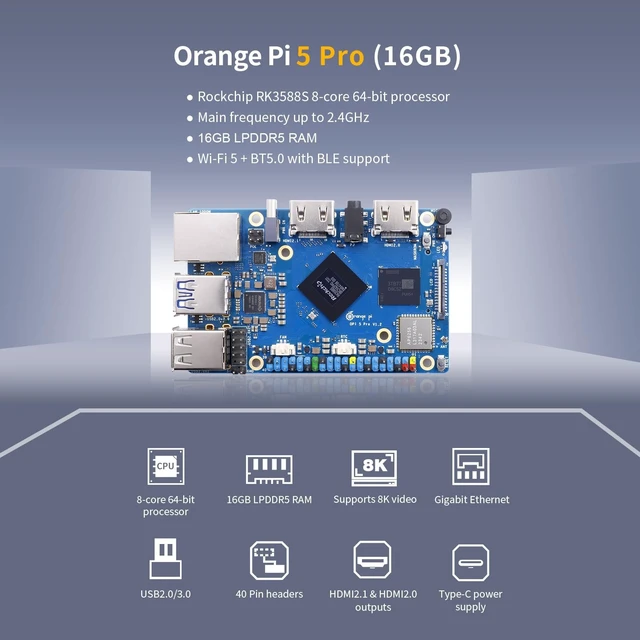 Alt view image 4 of 5 - Orange Pi 5 Pro 16GB LPDDR5 RK3588S 8 Core 64 Bit Single Board Computer, 8K Video Decoding 2.4GHz Frequency WiFi Bluetooth Open Source Board Run Orange Pi OS, Android, Debian, Ubuntu