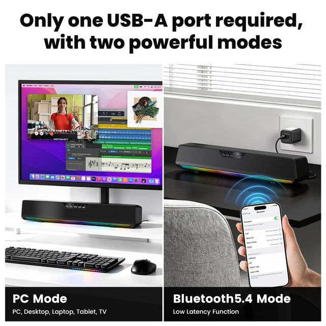 Alt view image 2 of 5 - ottosing Computer Speakers with Detachable Microphone, Bluetooth 5.4 Surround Sound Bar for PC Gaming, RGB Lighting USB Powered Desktop Speakers for Laptop, Tablet, Monitor