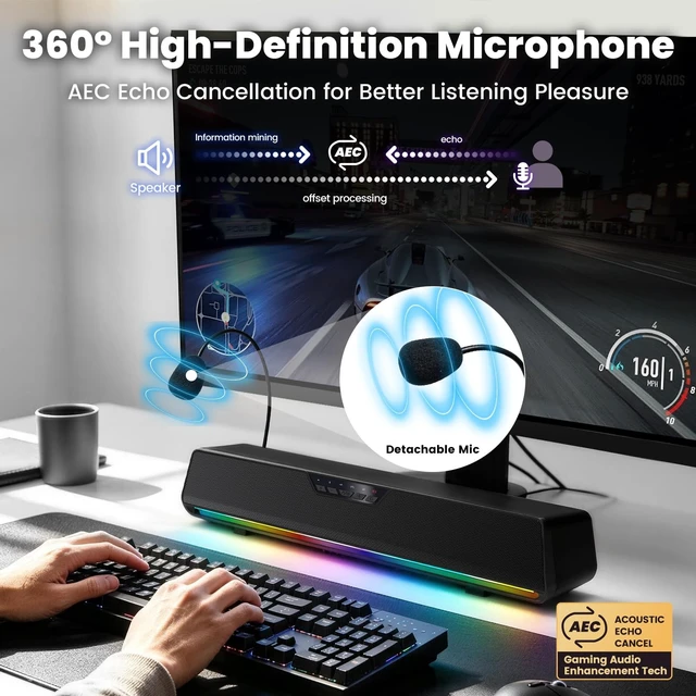 Alt view image 4 of 5 - ottosing Computer Speakers with Detachable Microphone, Bluetooth 5.4 Surround Sound Bar for PC Gaming, RGB Lighting USB Powered Desktop Speakers for Laptop, Tablet, Monitor