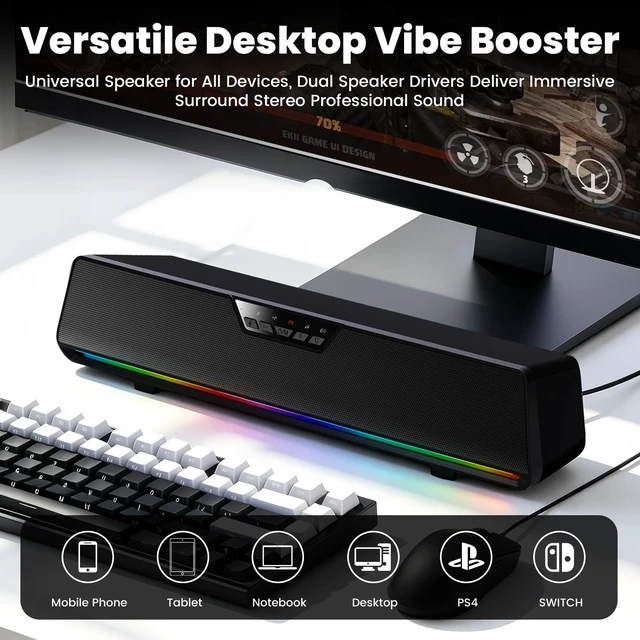 Alt view image 5 of 5 - ottosing Computer Speakers with Detachable Microphone, Bluetooth 5.4 Surround Sound Bar for PC Gaming, RGB Lighting USB Powered Desktop Speakers for Laptop, Tablet, Monitor