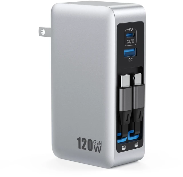 Main image of 120W USB C Charger Block with 2 Built-in Retractable Cables,4-in-1 GaN IV Foldable Plug Wall Charger Fast Charging Station,PD 65W Laptop Adapter for MacBook/iPad,iPhone 17/16/15/14,Galaxy,Android etc