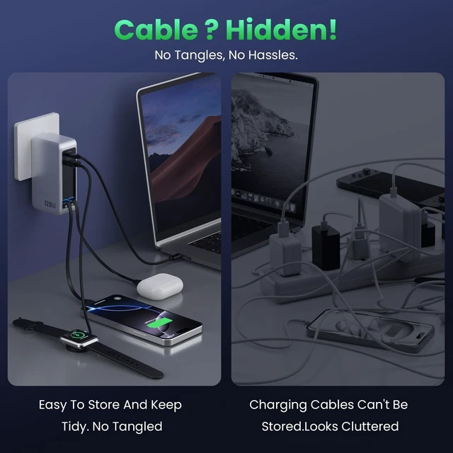 Alt view image 5 of 5 - 120W USB C Charger Block with 2 Built-in Retractable Cables,4-in-1 GaN IV Foldable Plug Wall Charger Fast Charging Station,PD 65W Laptop Adapter for MacBook/iPad,iPhone 17/16/15/14,Galaxy,Android etc