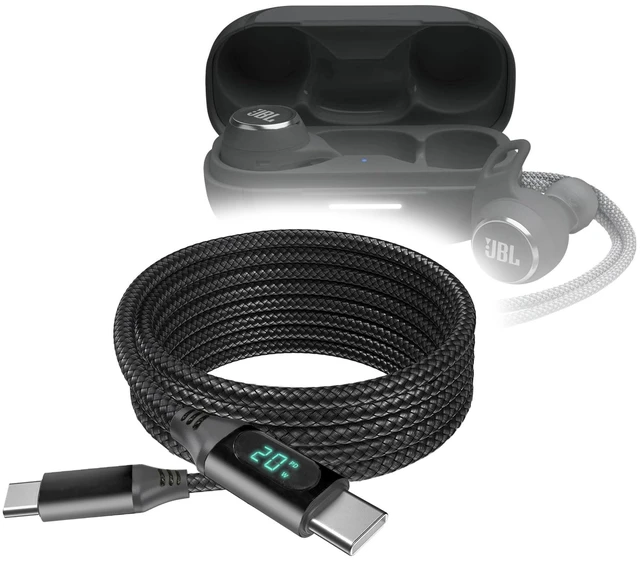 Main image of BoxWave Cable Compatible with JBL Reflect Aero TWS - PowerDisplay PD Cable (6ft) - USB-C to USB-C (100W), LED Wattage Info Extra Long Braided Nylon - Jet Black