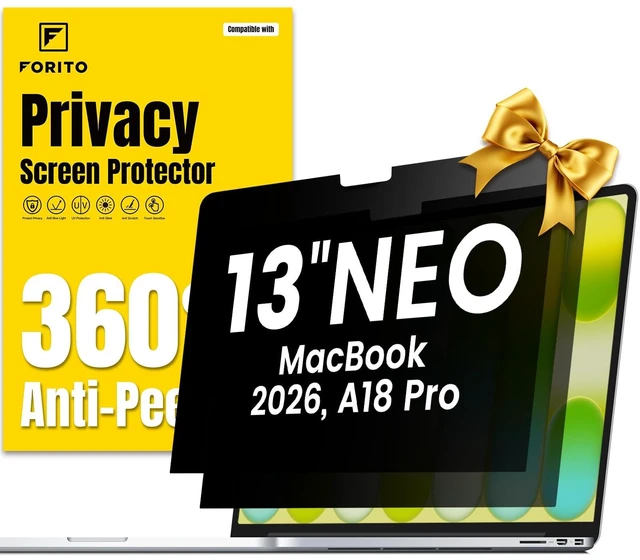 Main image of F FORITO 2-Pack 360 Privacy Screen Protector Compatible with 2026 MacBook Neo 13 inch A18 Pro Chip A3404 - Anti Blue Light Anti Glare and Scratch Resistant Laptop Privacy Screen Shield