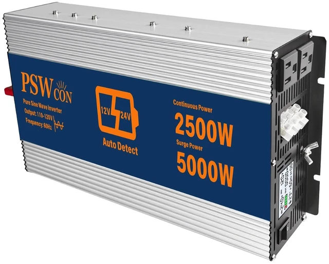 Main image of PSW CON 2500W Dual Voltage Inverter, 12V/24V Auto-Detect DC to 110V/120V AC Pure Sine Wave Inverter, 5000W Peak Power Converter with LCD Display and Multi-Protection for Truck RV Camping Home Backup