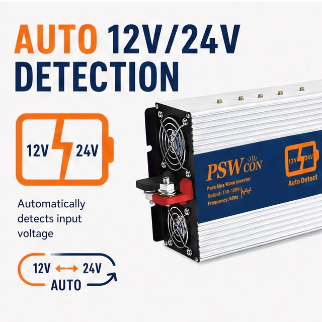 Alt view image 2 of 5 - PSW CON 2500W Dual Voltage Inverter, 12V/24V Auto-Detect DC to 110V/120V AC Pure Sine Wave Inverter, 5000W Peak Power Converter with LCD Display and Multi-Protection for Truck RV Camping Home Backup