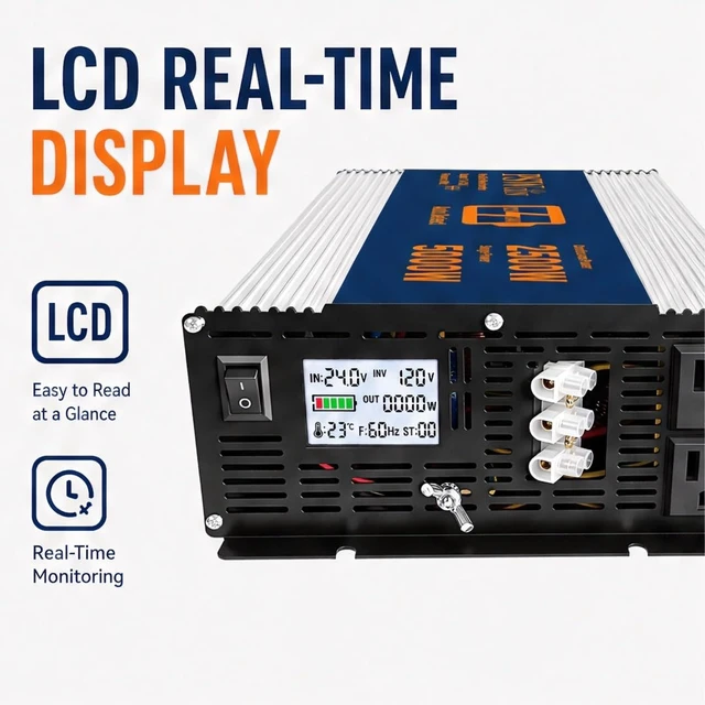 Alt view image 4 of 5 - PSW CON 2500W Dual Voltage Inverter, 12V/24V Auto-Detect DC to 110V/120V AC Pure Sine Wave Inverter, 5000W Peak Power Converter with LCD Display and Multi-Protection for Truck RV Camping Home Backup