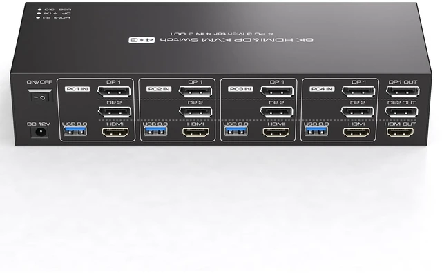Main image of 4K144Hz HDMI + 2 Displayport KVM Switch 3 Monitors 4 Computers 8K KVM Switches Triple Monitor for Four Computer Share 3 Display and Four USB 3.0 Ports Support Extended/Copy Mode with Infrared Remote