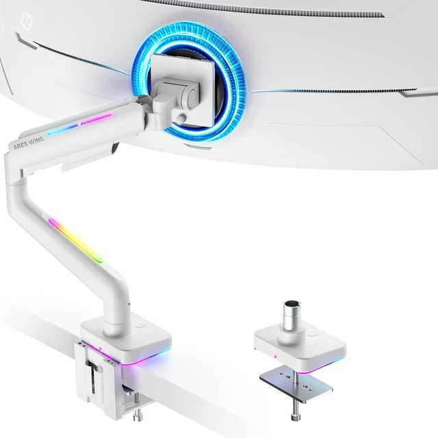 Main image of ARES WING Gas Spring Monitor Arm with RGB for 17-49 Inch Screen, White