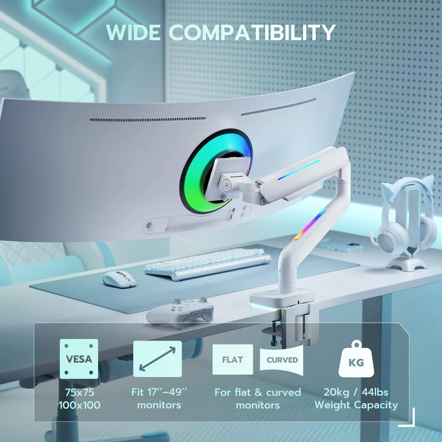 Alt view image 2 of 5 - ARES WING Gas Spring Monitor Arm with RGB for 17-49 Inch Screen, White