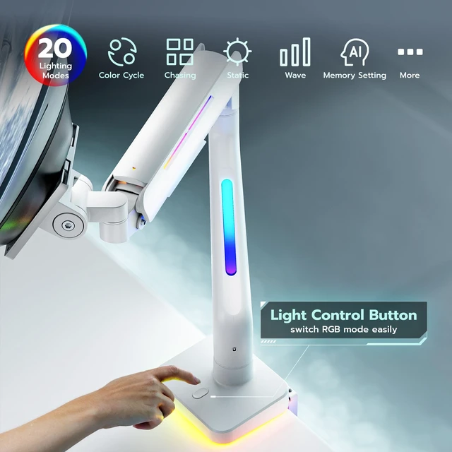 Alt view image 3 of 5 - ARES WING Gas Spring Monitor Arm with RGB for 17-49 Inch Screen, White
