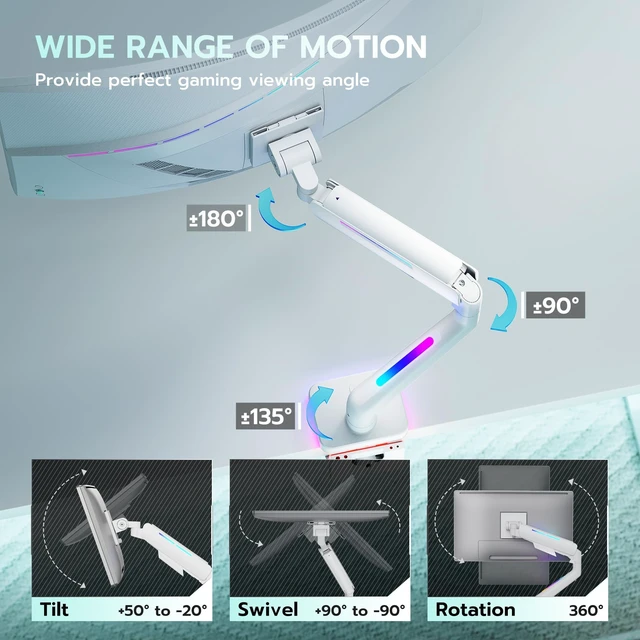 Alt view image 4 of 5 - ARES WING Gas Spring Monitor Arm with RGB for 17-49 Inch Screen, White